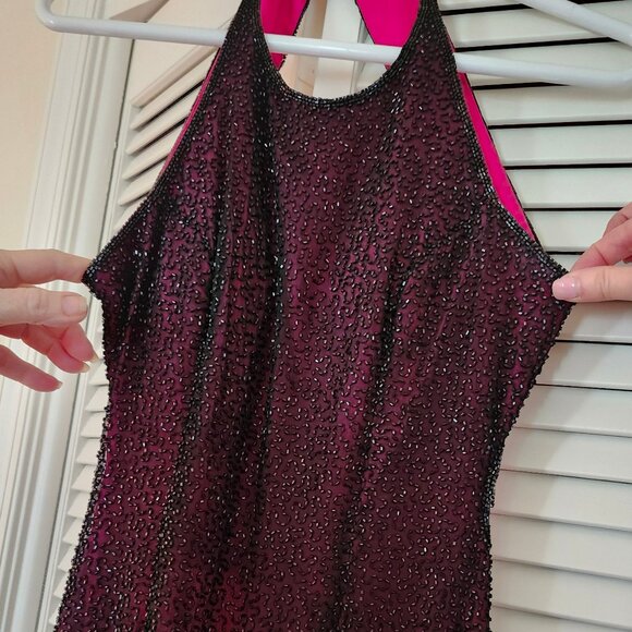 Saks Fifth Ave Beaded Halter Style Gown - Sheer Black W/ Fuchsia Lining - Picture 1 of 6
